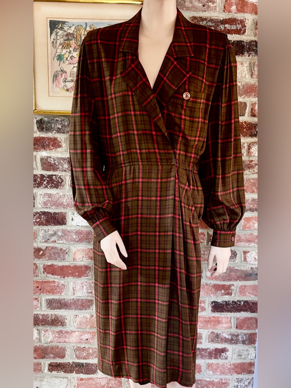 vintage long-sleeve plaid shirt dress classic wrap bodice